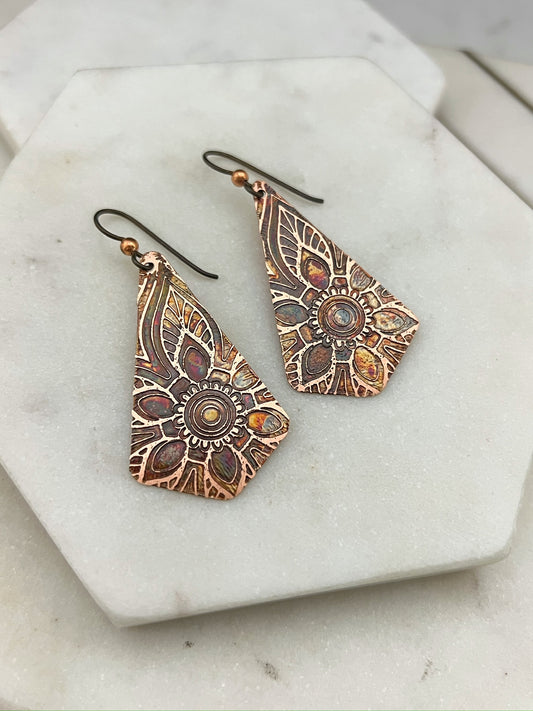 Acid etched copper earrings