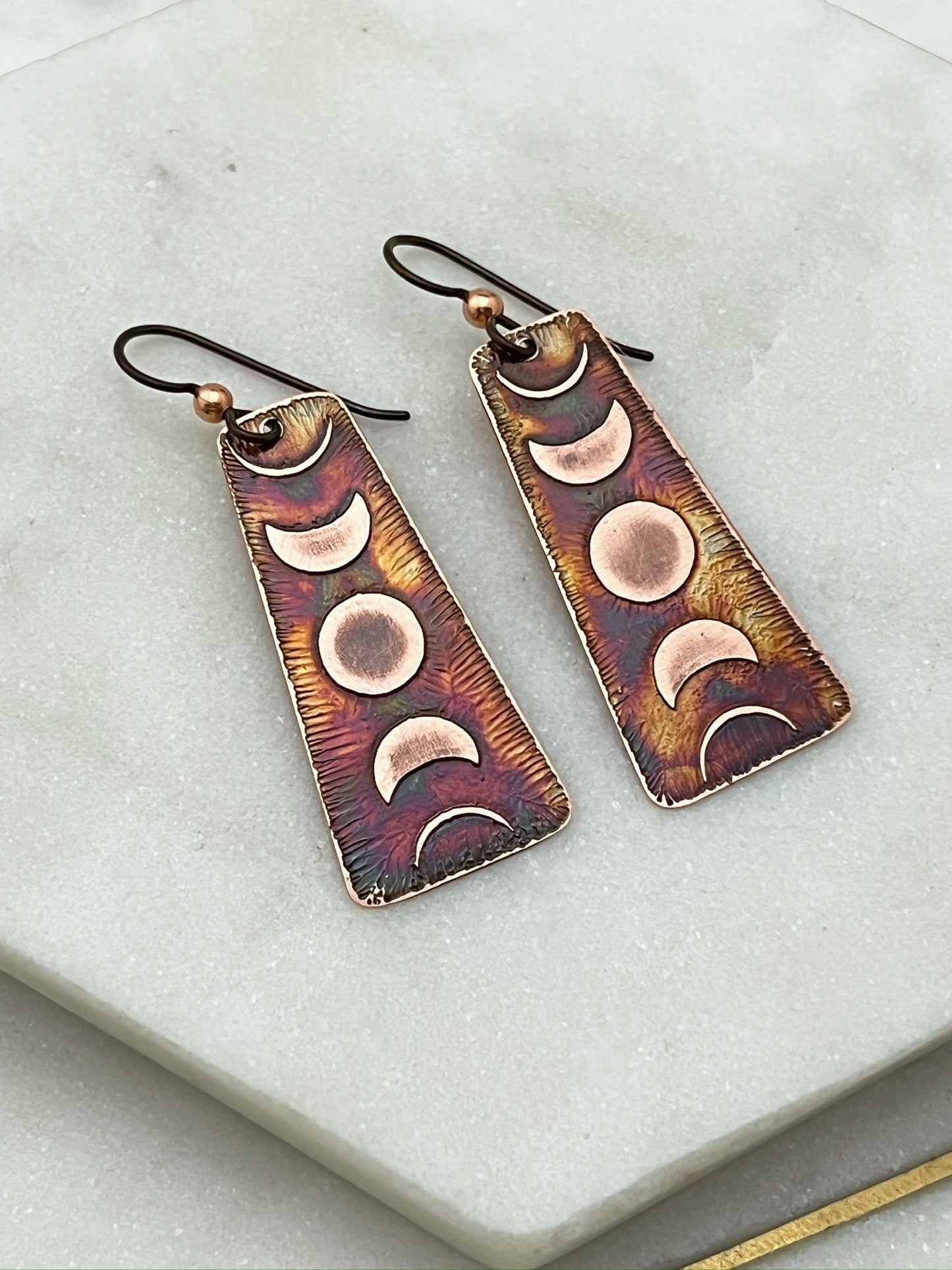 Acid etched copper moon phase earrings