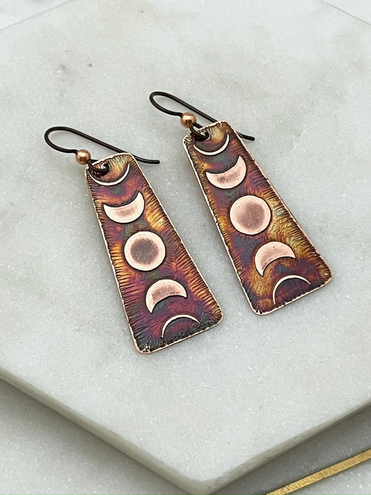 Acid etched copper moon phase earrings