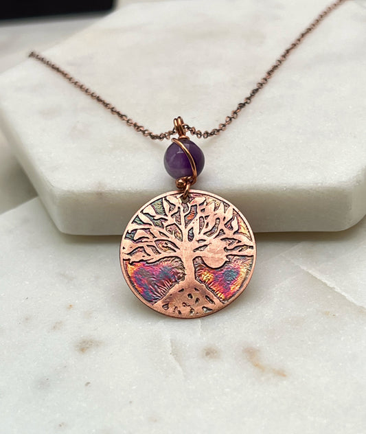 Copper and amethyst rooted tree necklace