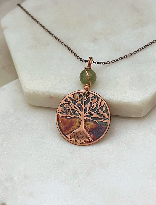Copper and jade rooted tree necklace
