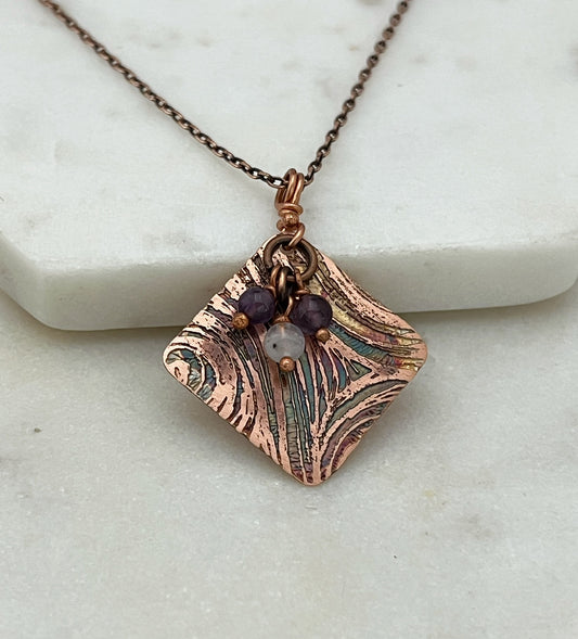 Acid etched copper necklace with amethyst and moonstone gemstones
