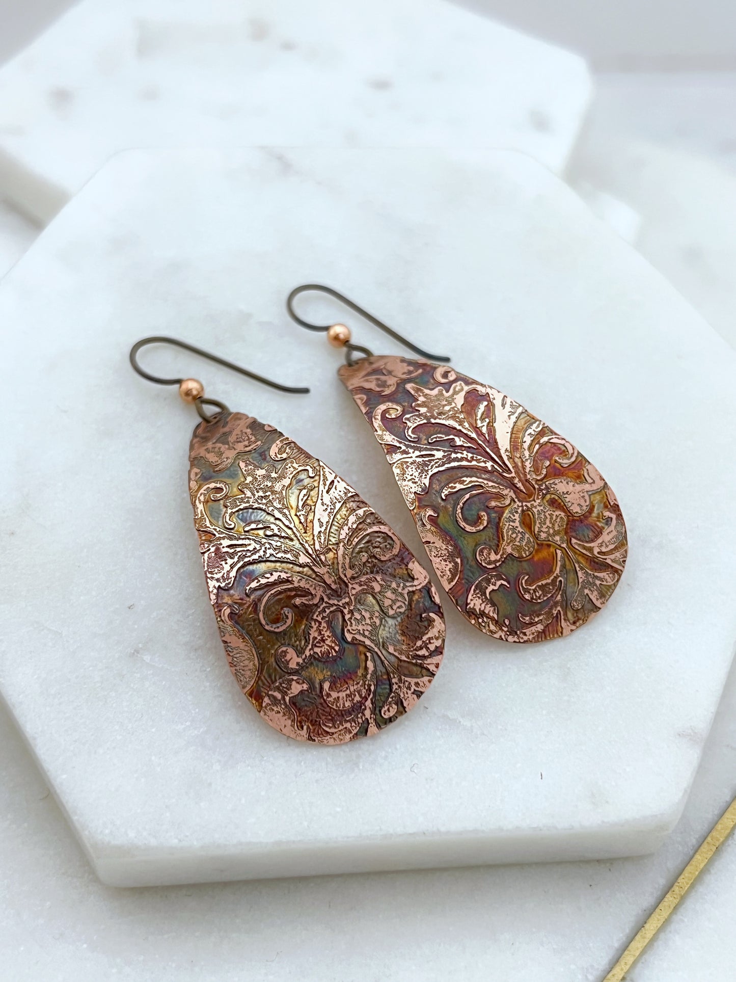 Large acid etched copper teardrop earrings
