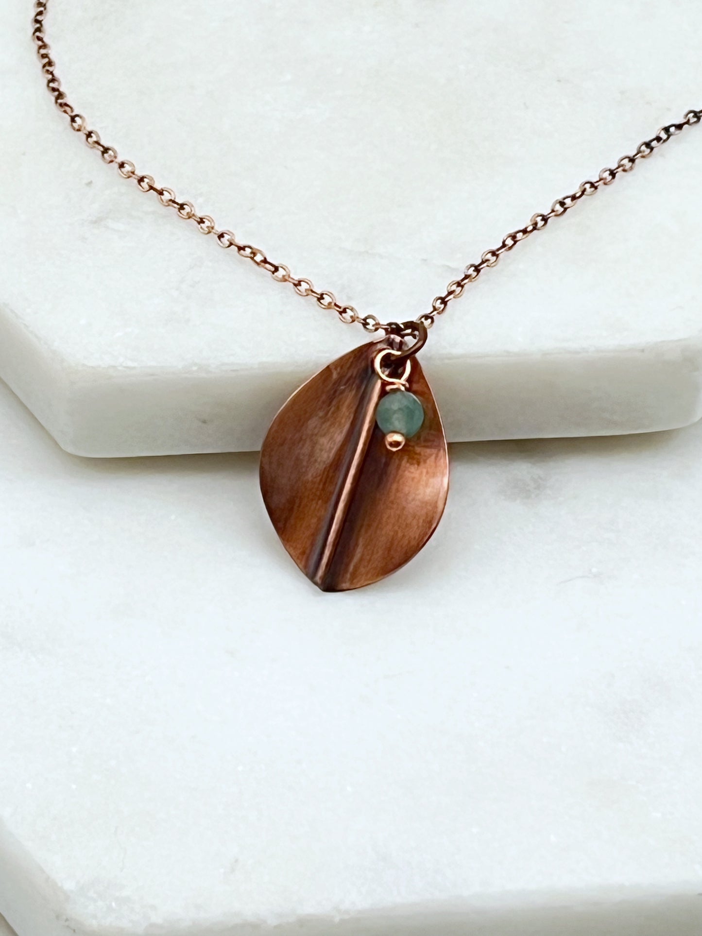 Hand forged copper leaf necklace with aventurine
