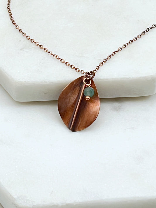 Hand forged copper leaf necklace with aventurine