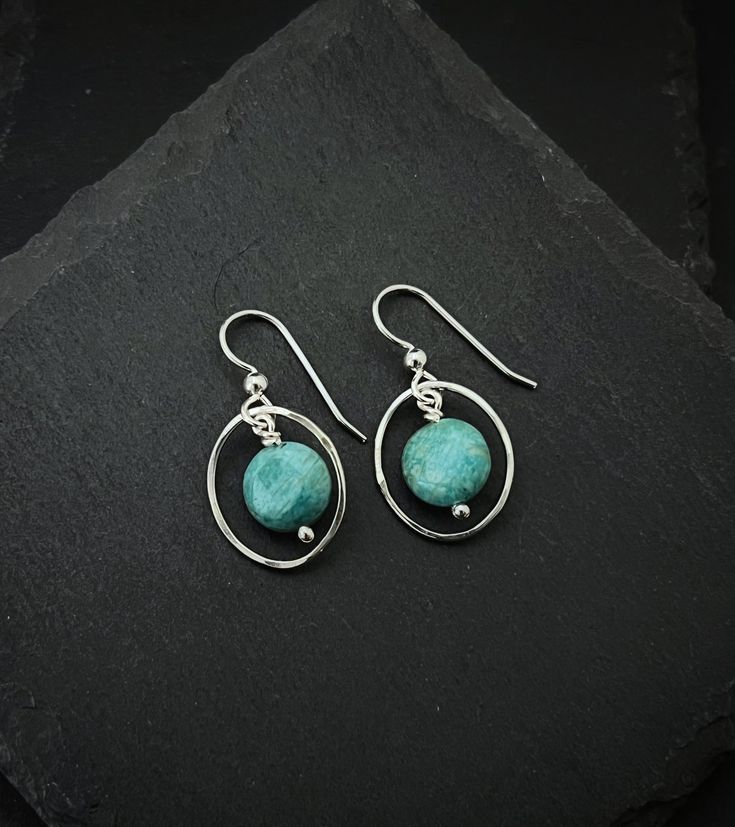 Sterling silver oval hoops with amazonite gemstones