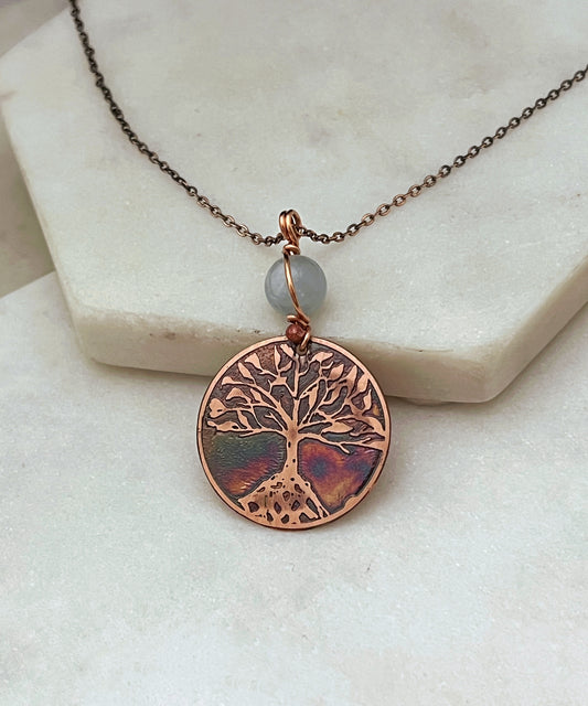 Copper and aquamarine rooted tree necklace
