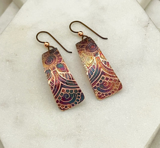 Acid etched copper irregular rectangle earrings