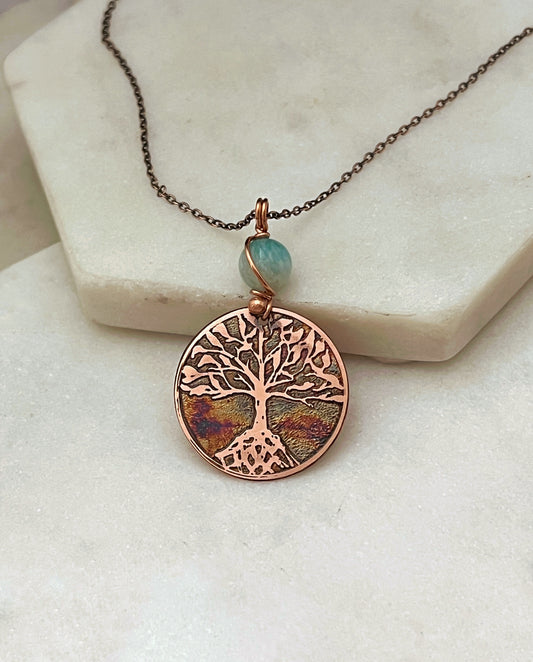 Copper and amazonite rooted tree necklace