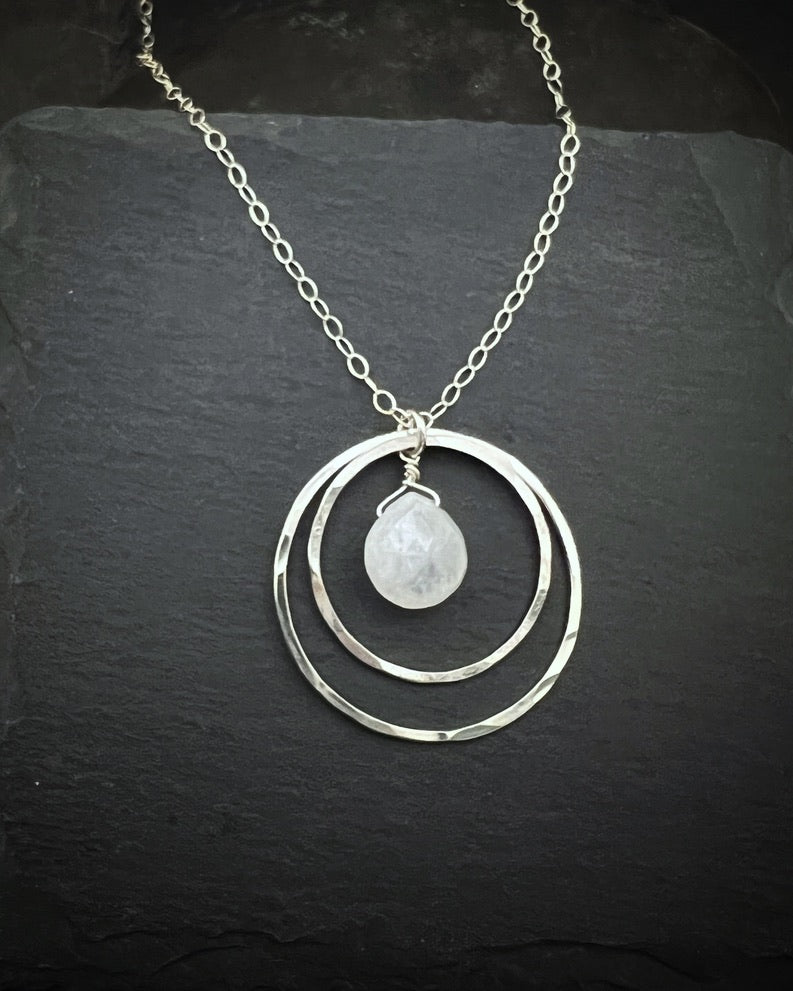 Sterling silver double hoop necklace with rainbow moonstone