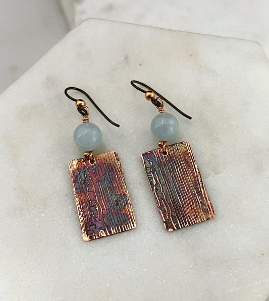 Acid etched copper earrings with aquamarine gemstones