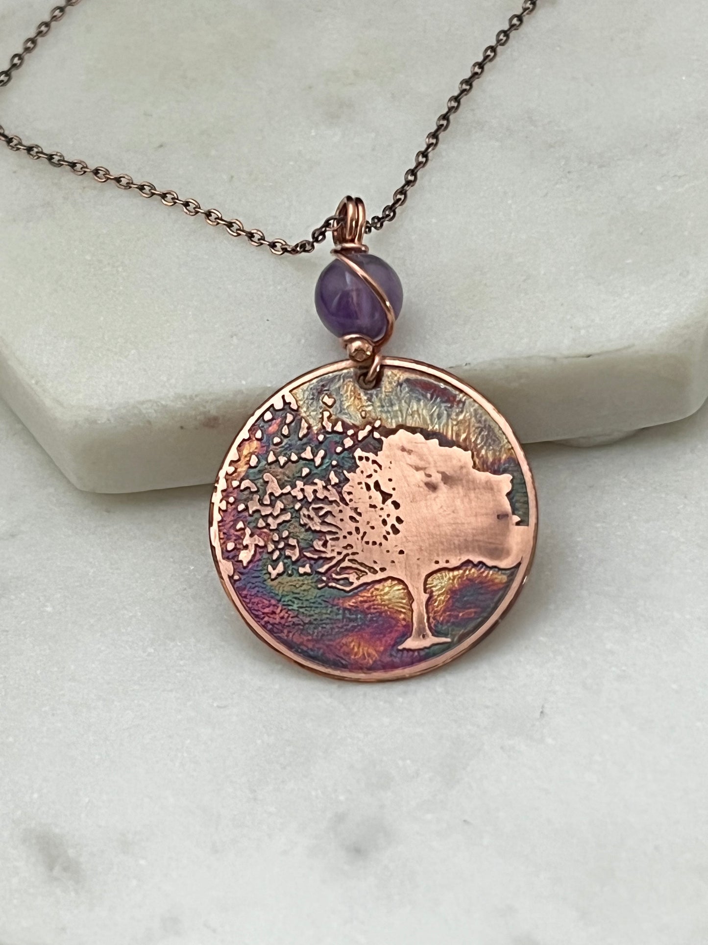 Acid etched copper tree necklace with amethyst gemstone