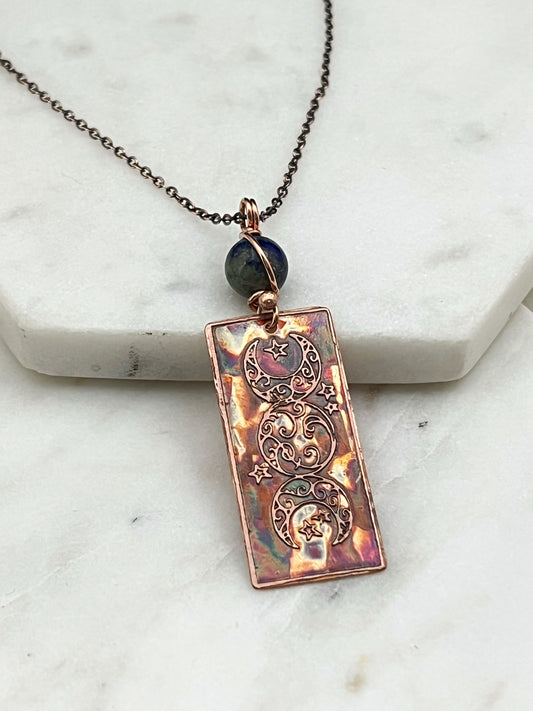 Acid etched copper moon necklace with lapis gemstone