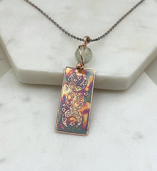 Acid etched copper moon necklace with prehnite