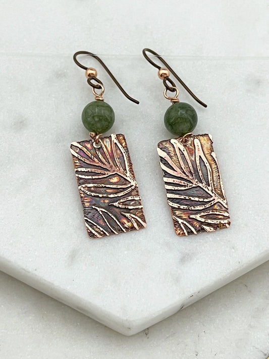 Acid etched copper earrings with jade gemstones