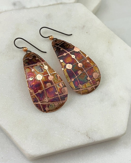 Large acid etched copper teardrop earrings