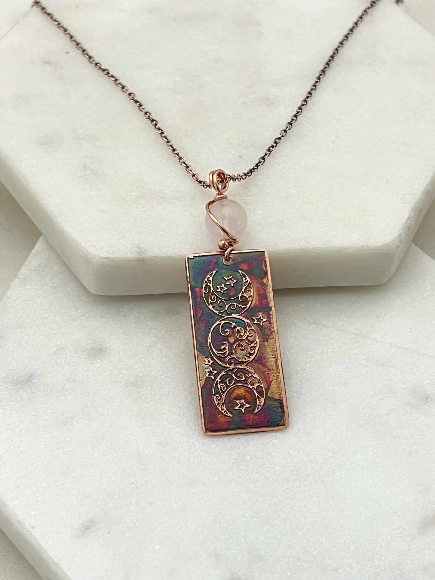 Acid etched copper and rose quartz triple moon necklace