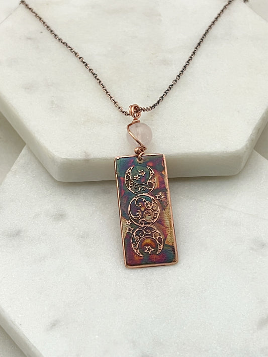 Acid etched copper and rose quartz triple moon necklace