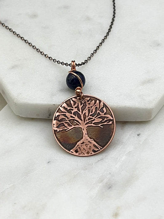 Copper and lapis rooted tree necklace
