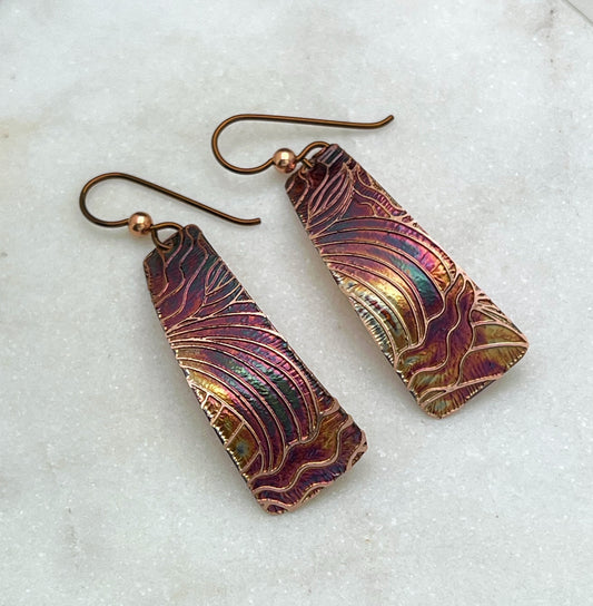 Acid etched copper irregular rectangle earrings