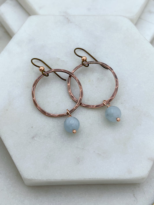 Copper oval hoops with aquamarine gemstones