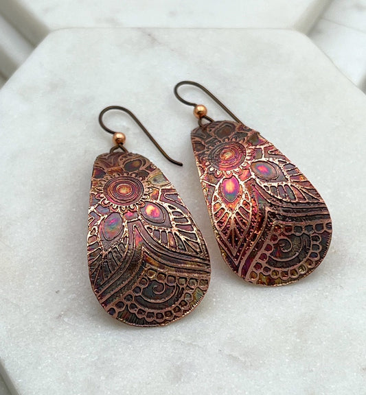 Large acid etched copper teardrop earrings