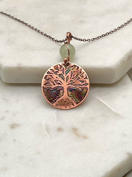 Copper and prehnite rooted tree necklace