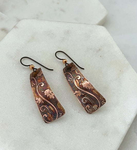 Acid etched copper irregular rectangle earrings