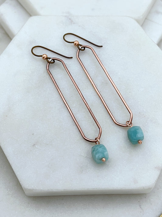 Copper oval hoops with amazonite gemstones