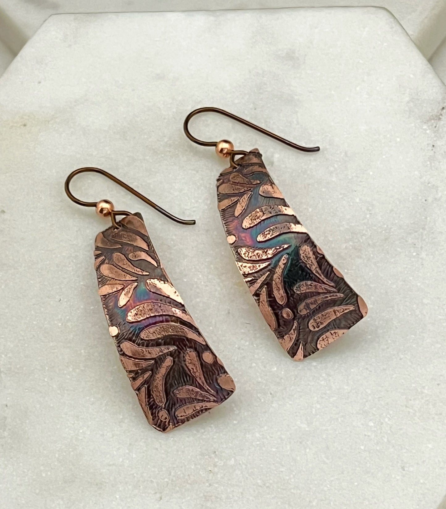 Acid etched copper irregular rectangle earrings