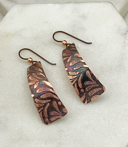 Acid etched copper irregular rectangle earrings