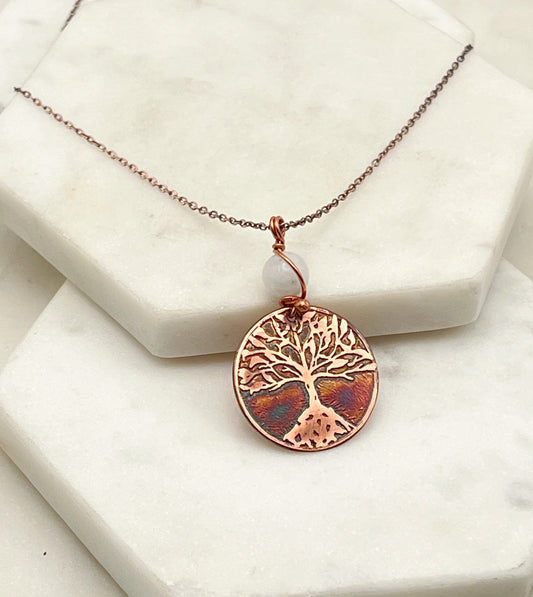 Copper and moonstone rooted tree necklace