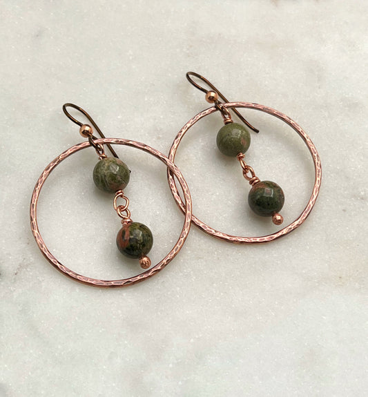 Copper and unakite hoop earrings