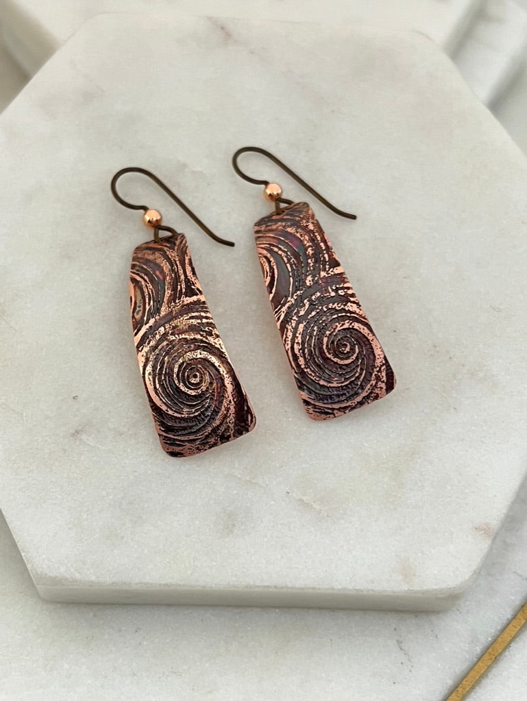 Acid etched copper irregular rectangle earrings
