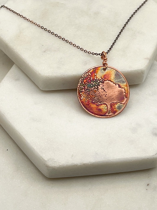 Acid etched copper tree necklace