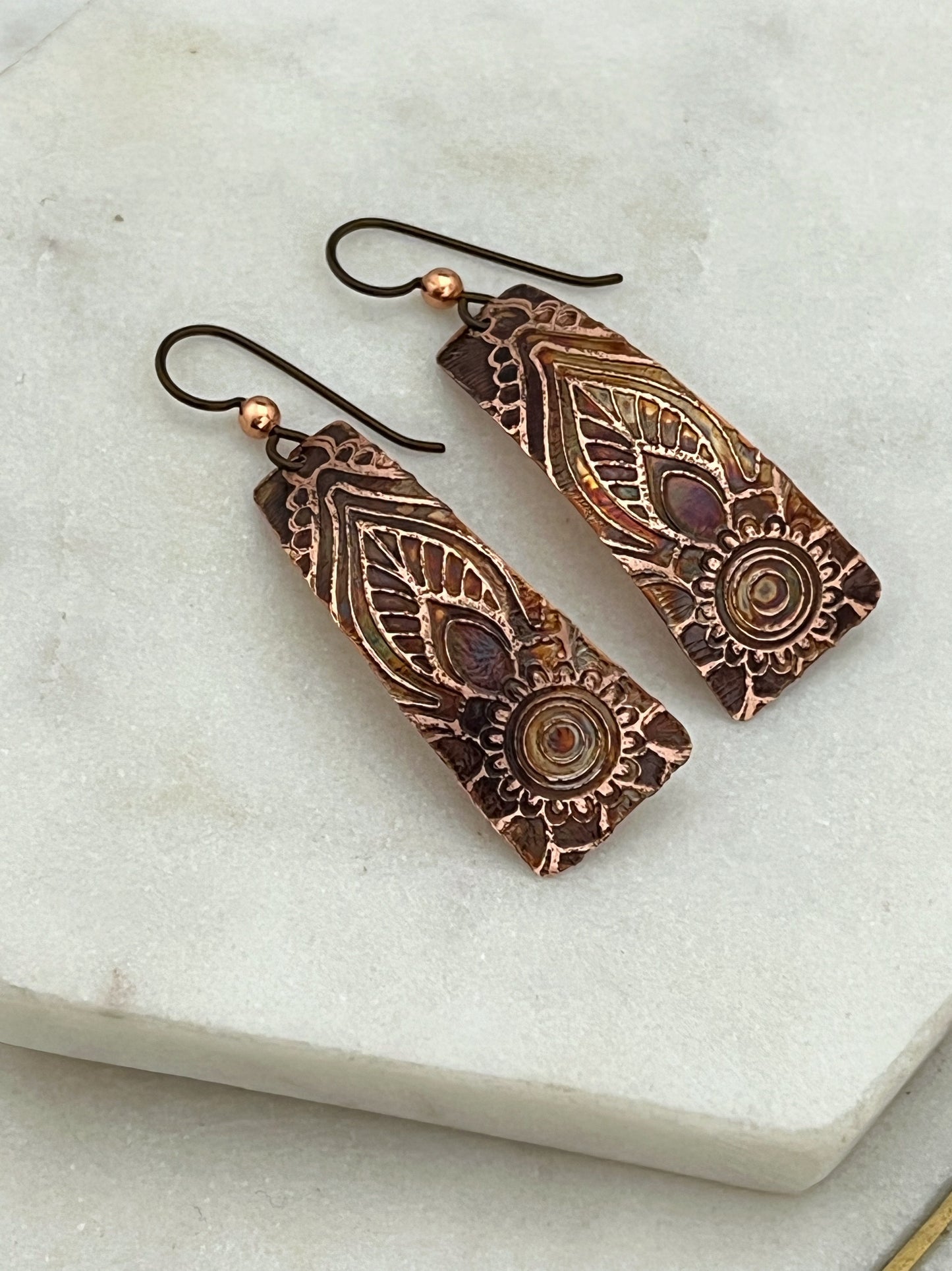 Acid etched copper irregular rectangle earrings