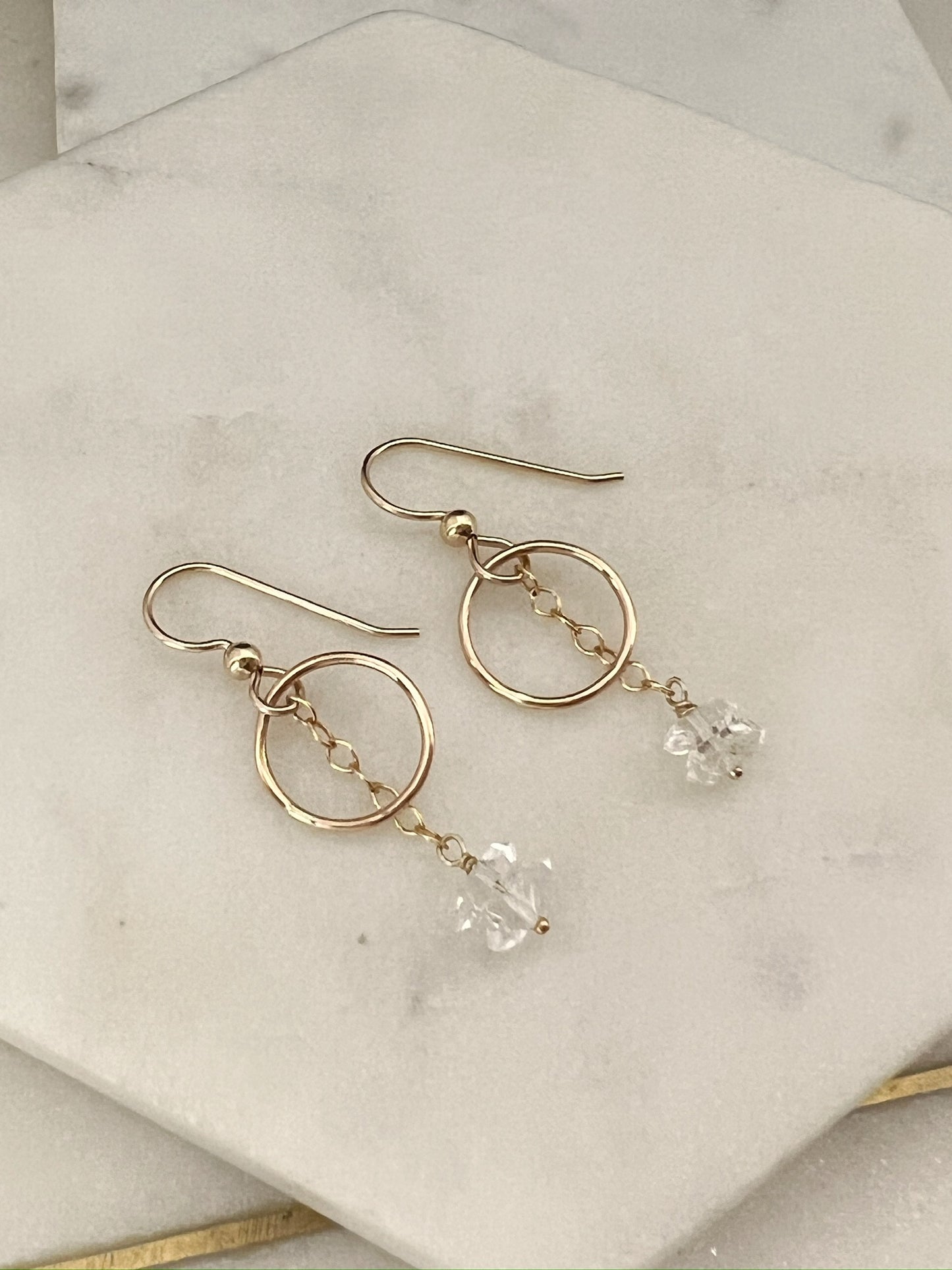 14K Gold and Herkimer diamond hoops