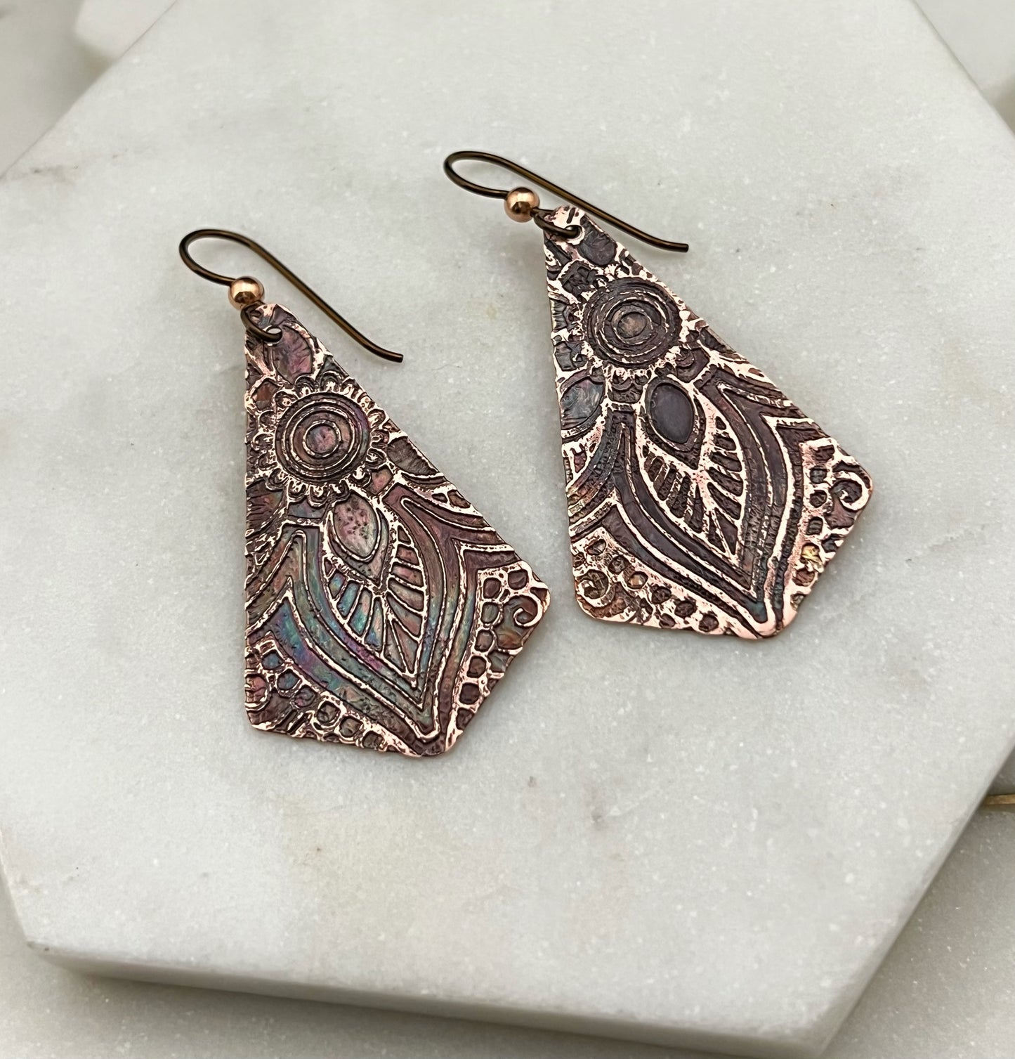 Acid etched copper earrings