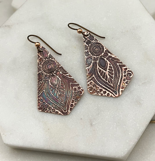 Acid etched copper earrings