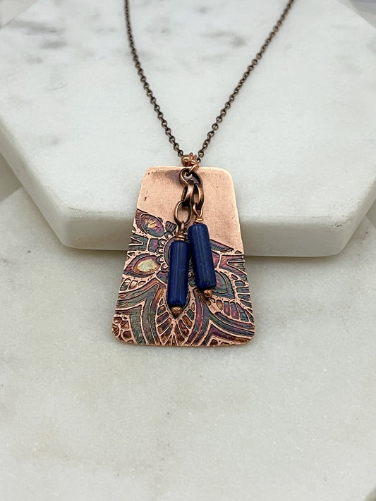 Acid etched copper necklace with lapis gemstone