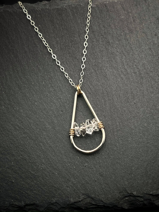 Handmade Sterling Silver Teardrop Necklace with 14k Gold and Herkimer Diamond