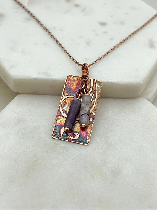 Acid etched copper and amethyst necklace