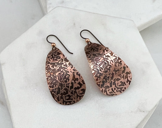 Large acid etched copper teardrop earrings