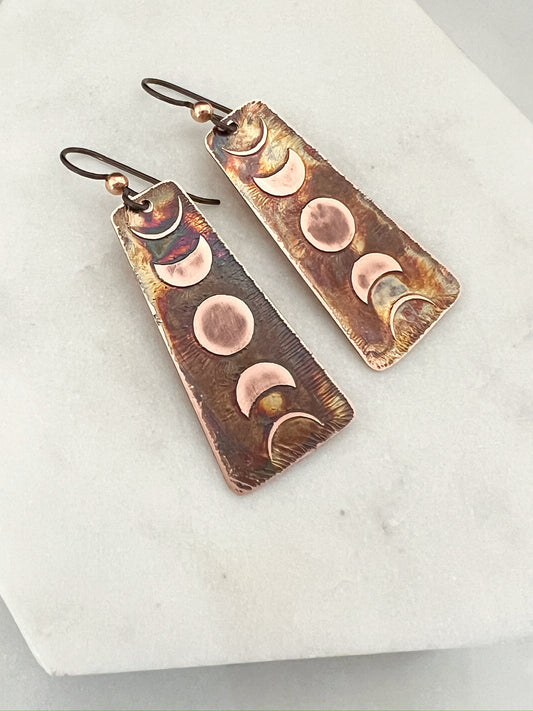 Acid etched copper moon phase earrings