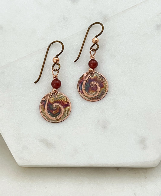 Acid etched copper earrings with carnelian gemstones