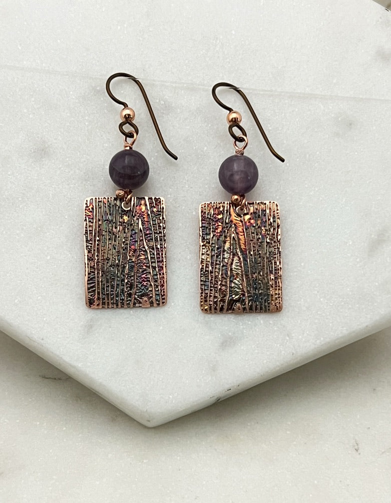 Acid etched copper earrings with amethyst gemstones