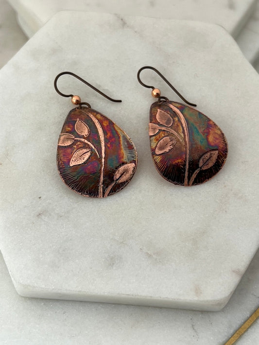 Acid etched copper medium teardrop earrings