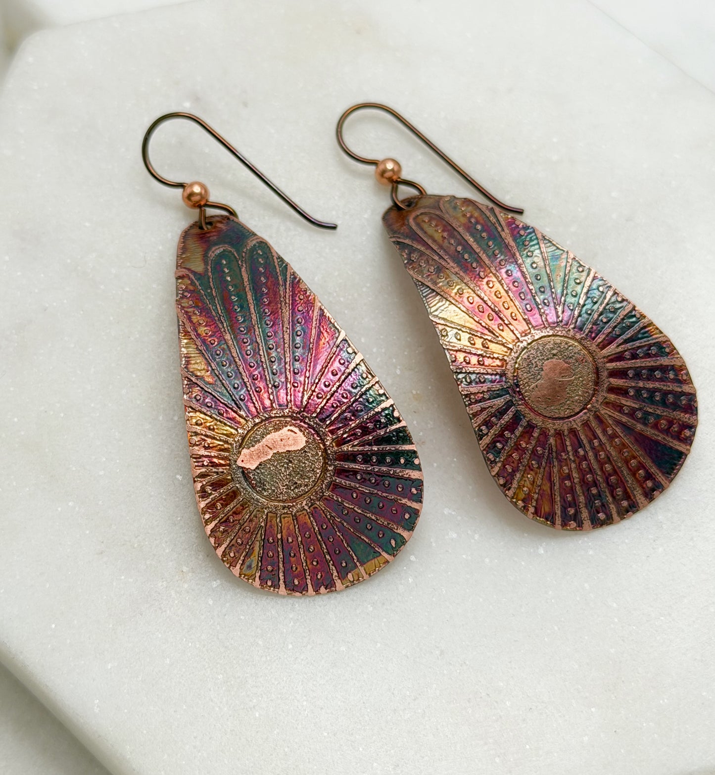 Large acid etched copper teardrop earrings