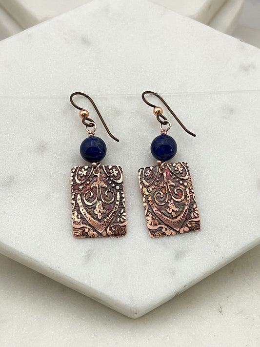 Acid etched copper earrings with lapis gemstones