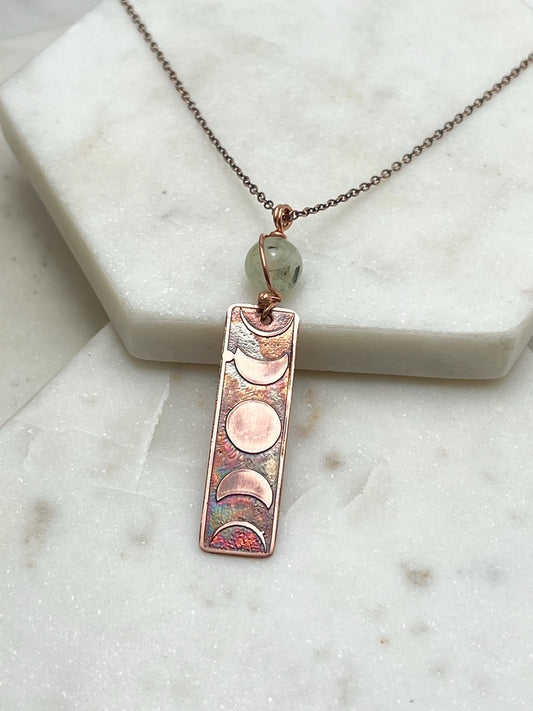 Moon phase acid etched copper necklace with prehnite gemstone